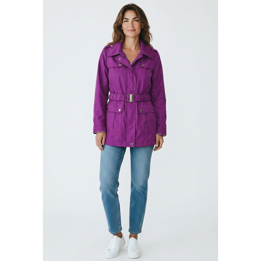 Dennis Basso‎ Purple Belted Raincoat Women's Large Hooded Trench Coat